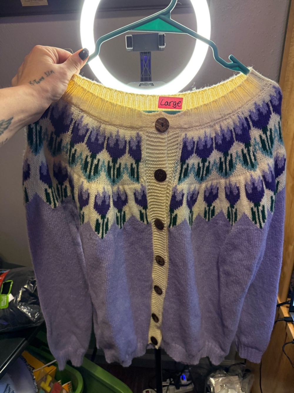 Large Floral Pattern Button-Front Women's Sweater - Lavender & Cream